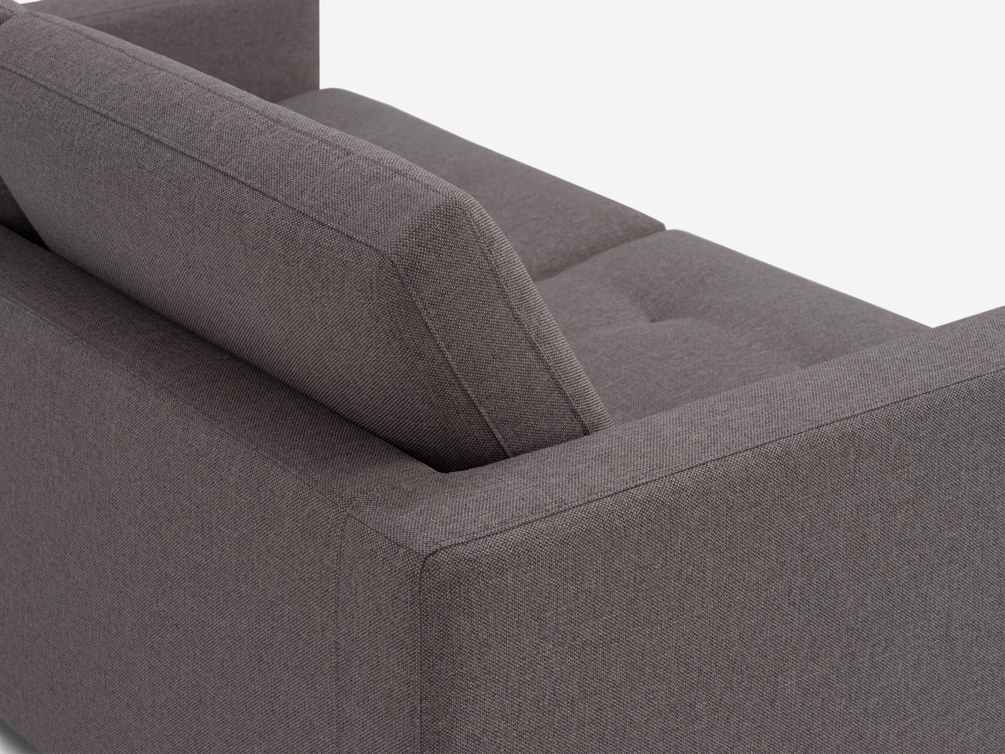 Back cushion detail view of the Joan loveseat in grey fabric