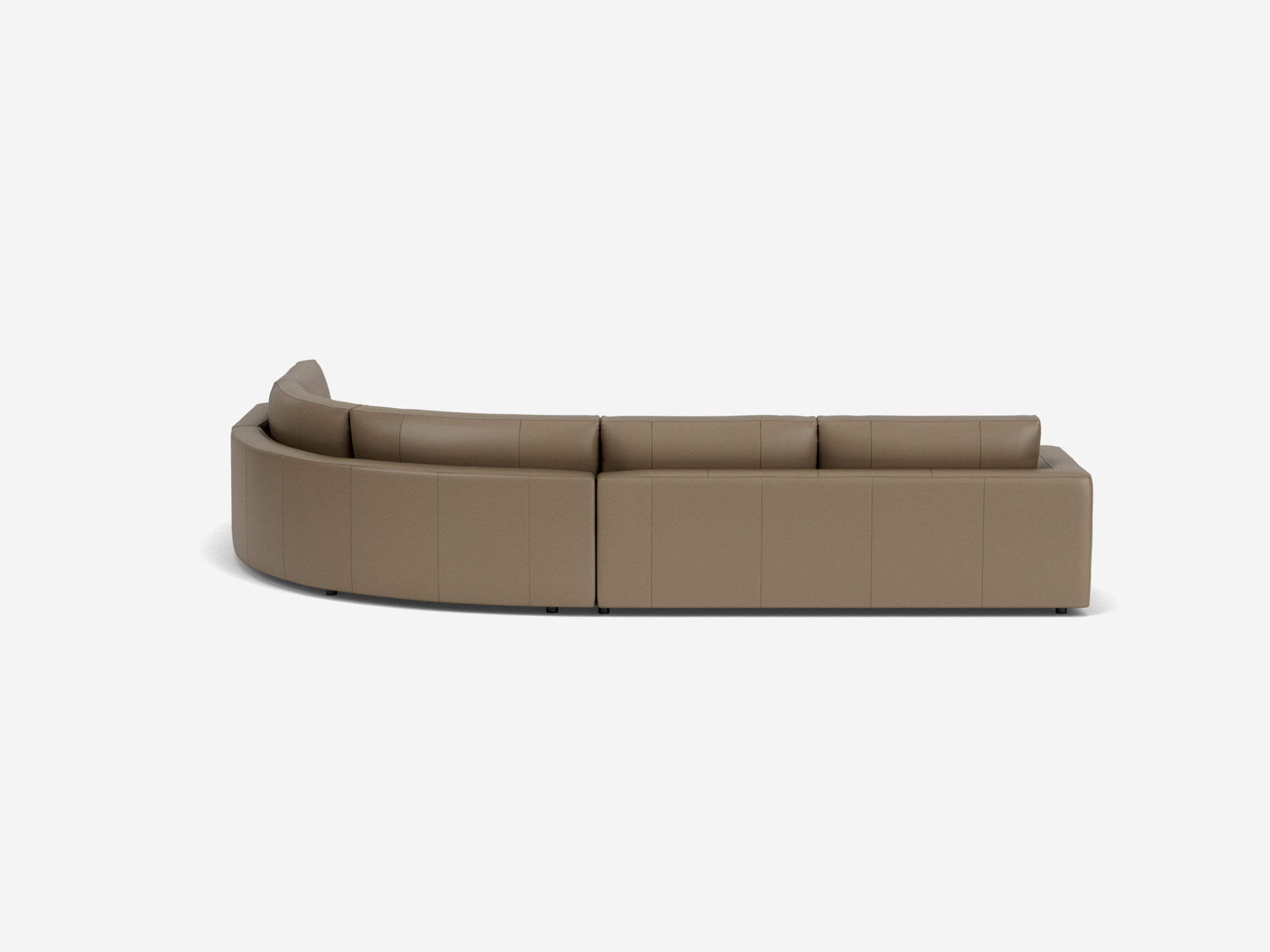 Back view of right hand facing taupe leather curved sectional sofa