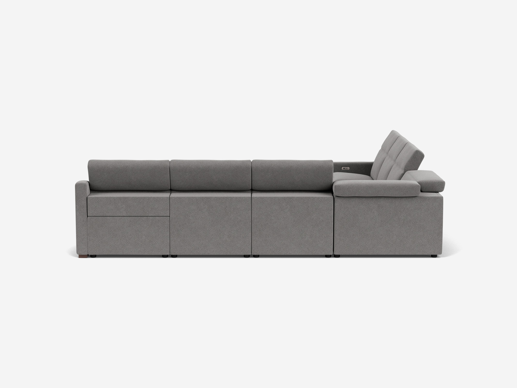 Back right hand view of grey reclining sectional sofa