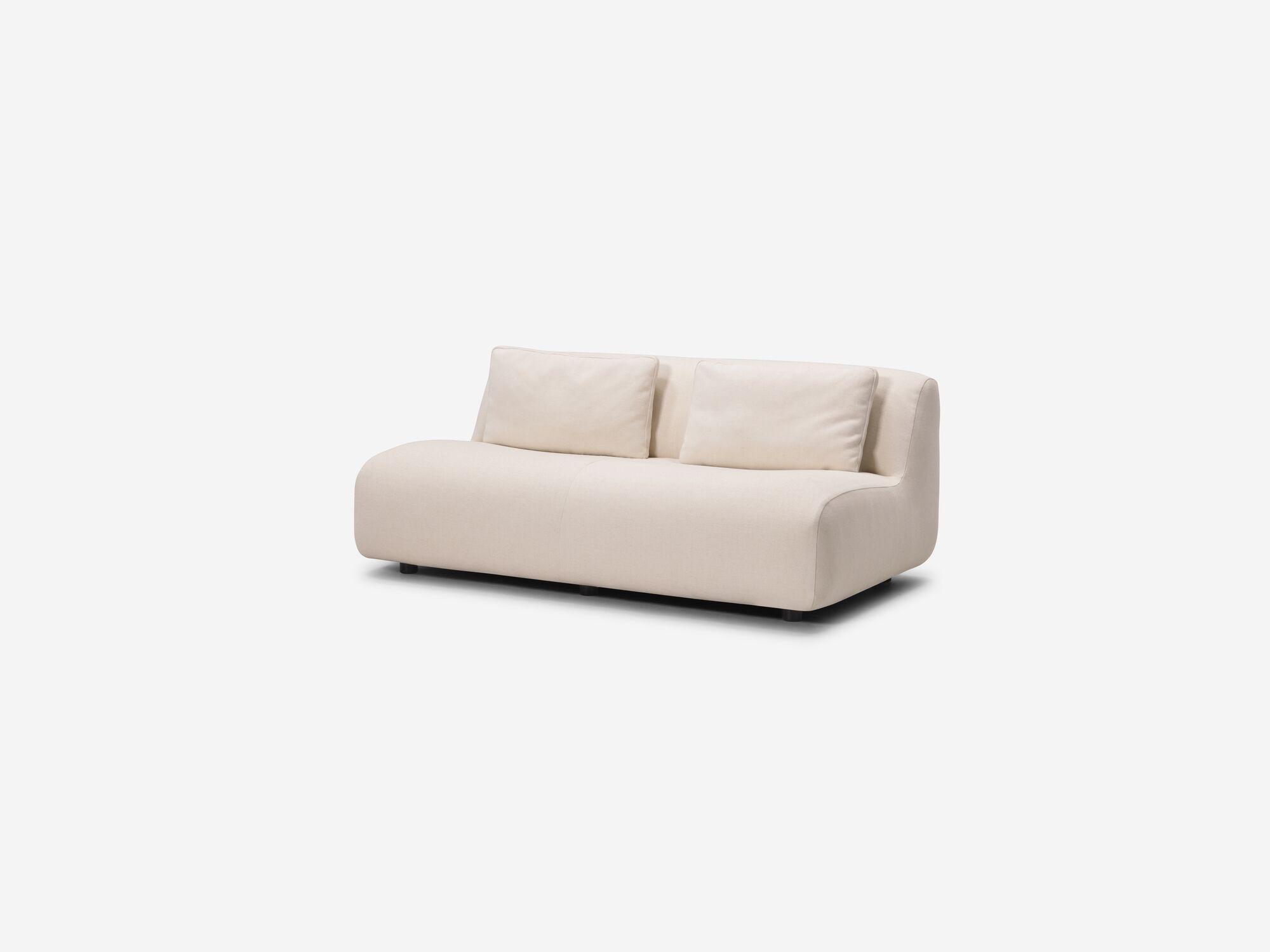 Right angle view of beige armless loveseat