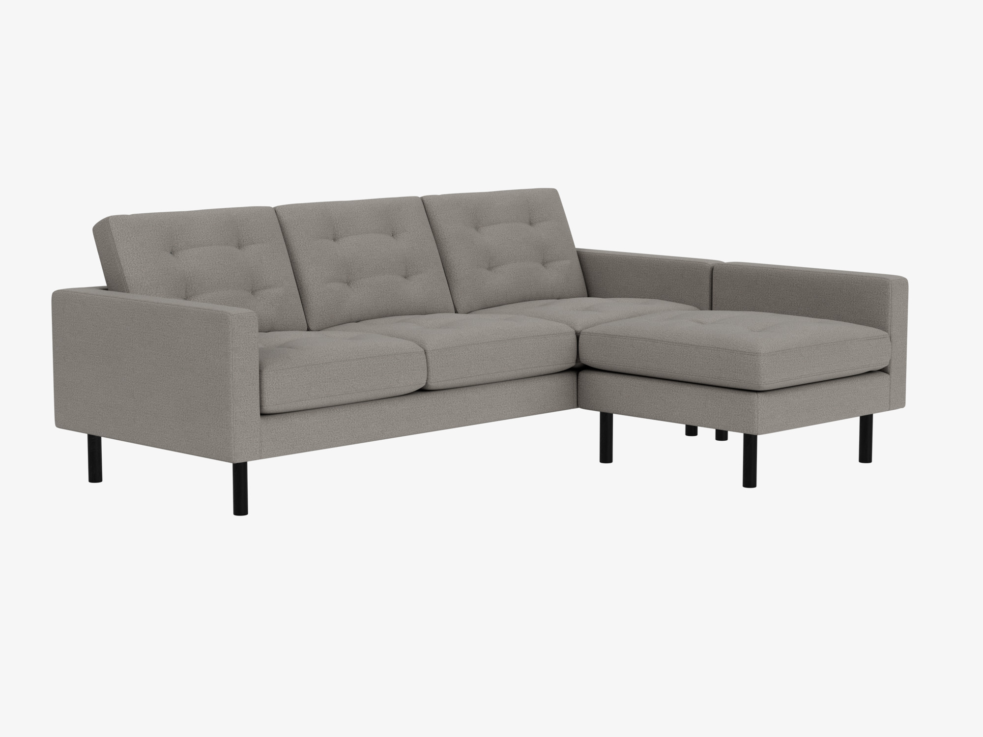 Grey tufted sectional sofa with right hand chaise front angled view