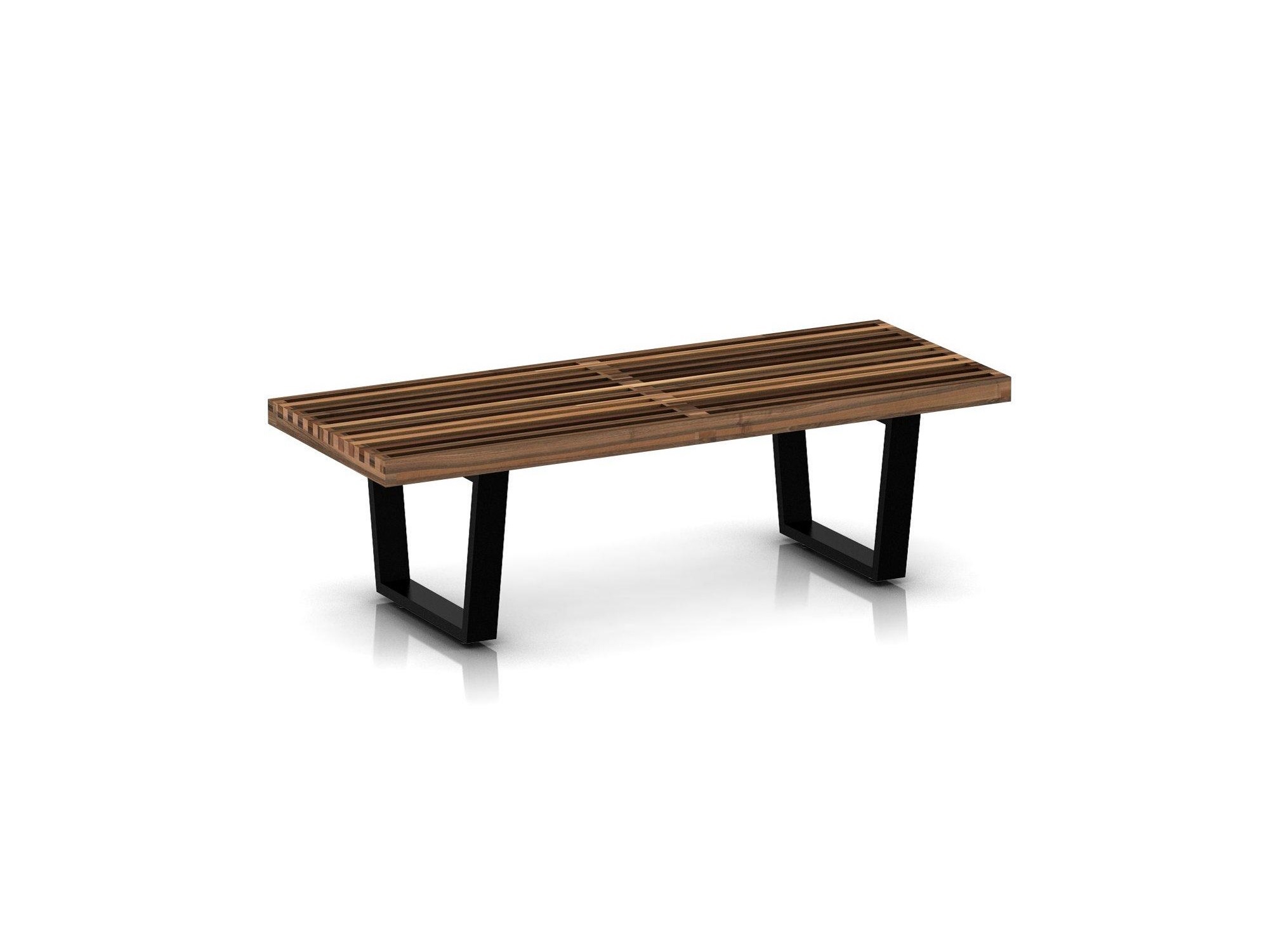 Left angle view of small walnut bench with wood legs