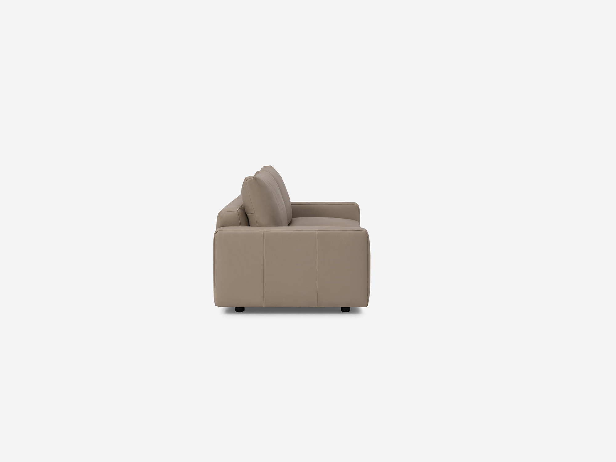 Side view of grey leather loveseat with narrow arms