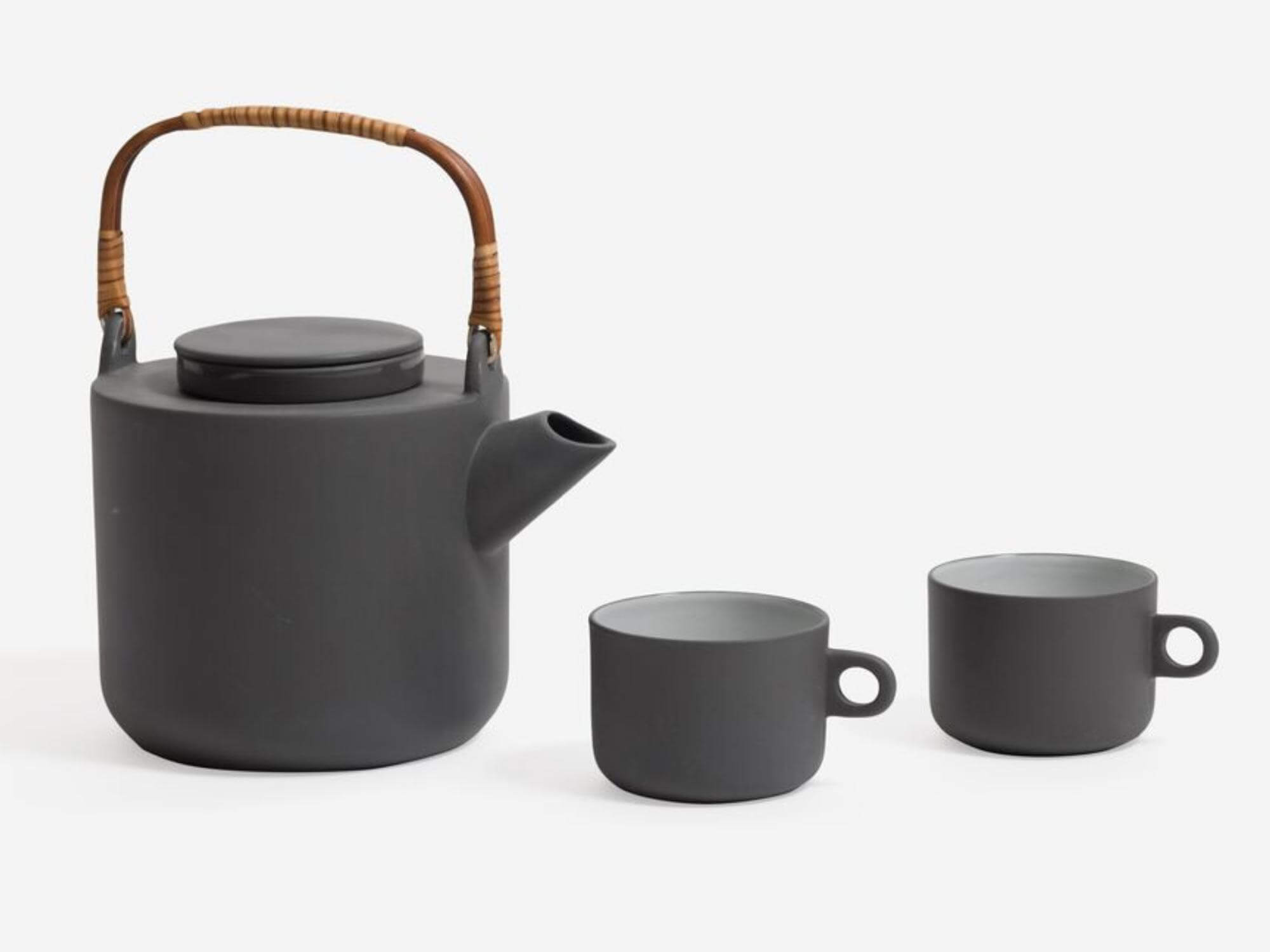 Front view of the grey stoneware tea set