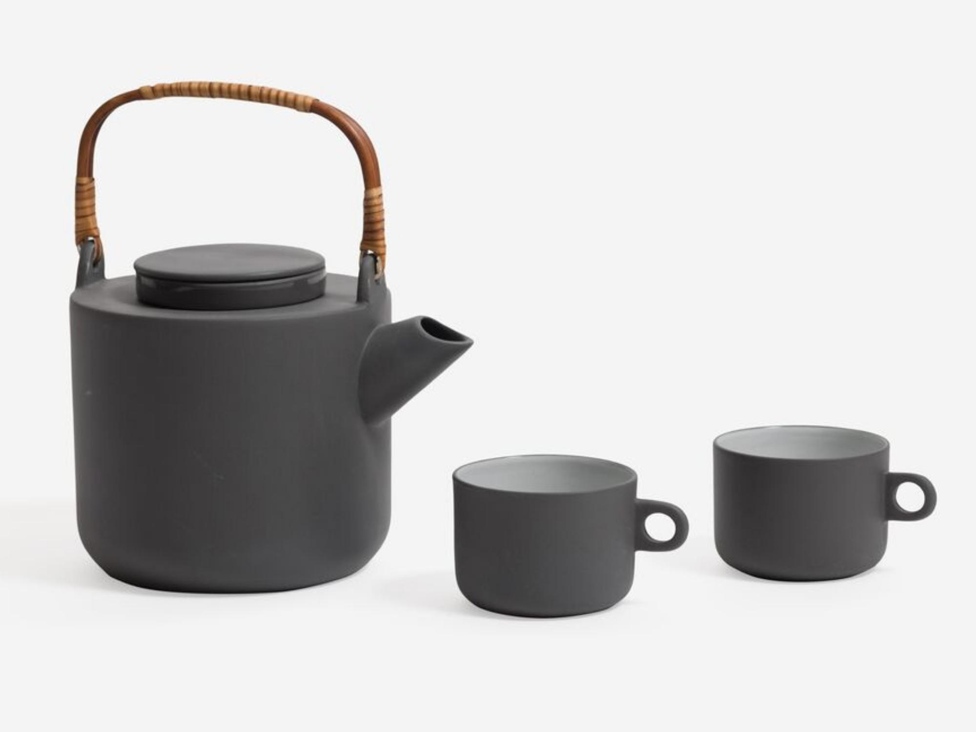 Front view of the grey stoneware tea set