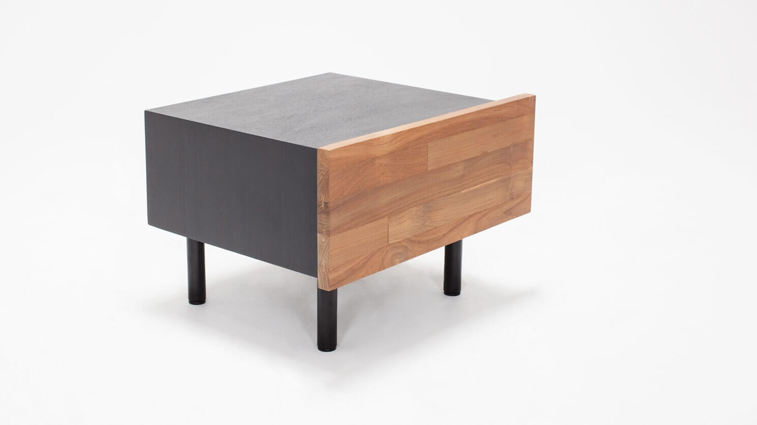 Detail view of the Reclaimed modern teak nightstand with black case