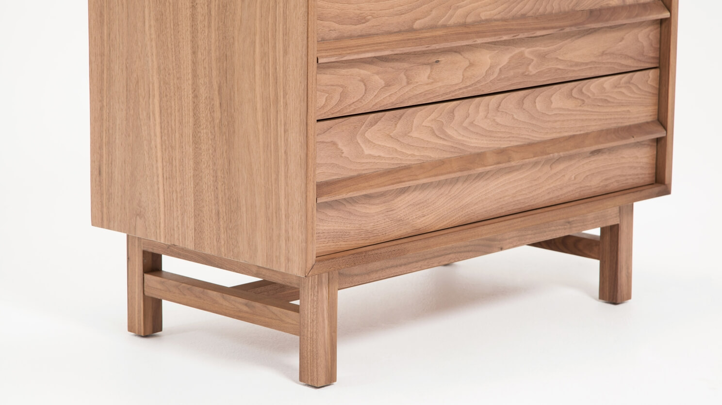 Detail view of the Marcel mid century dresser in walnut