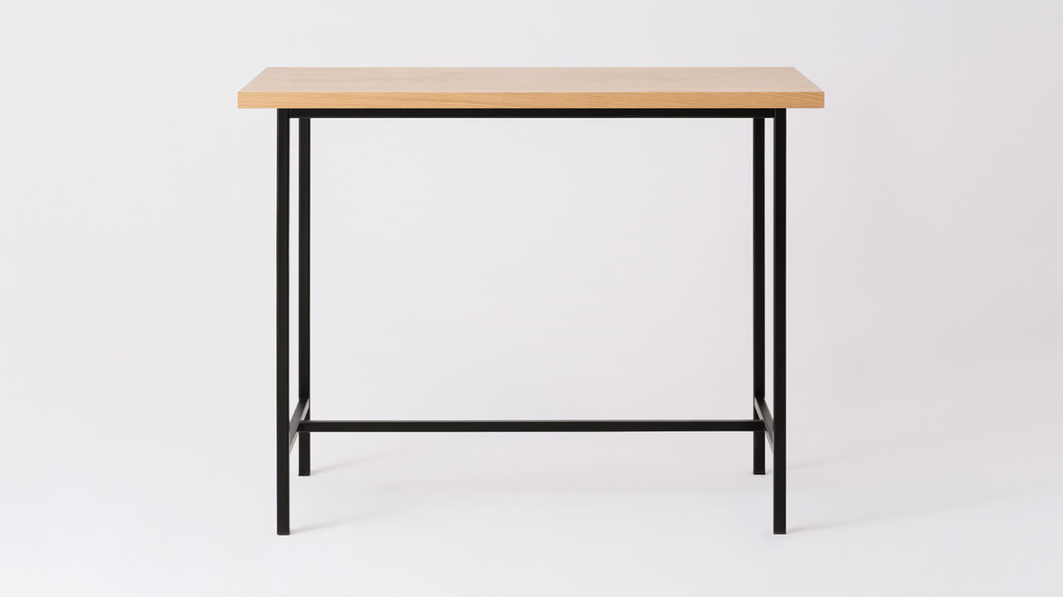 Front view of the Kendall bar height table with oak veneer top and black base