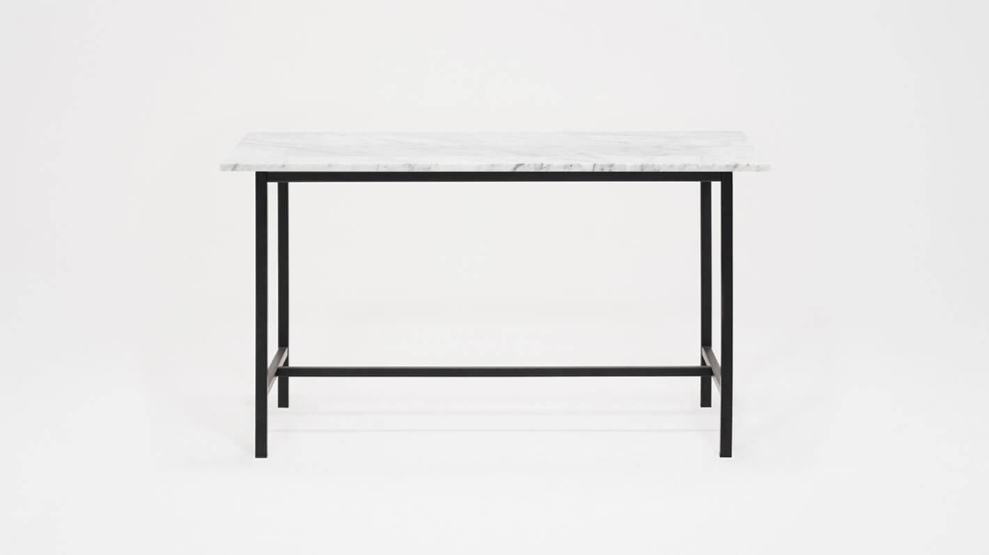 Front view of the Kendall 54" modern dining table with marble top and black base