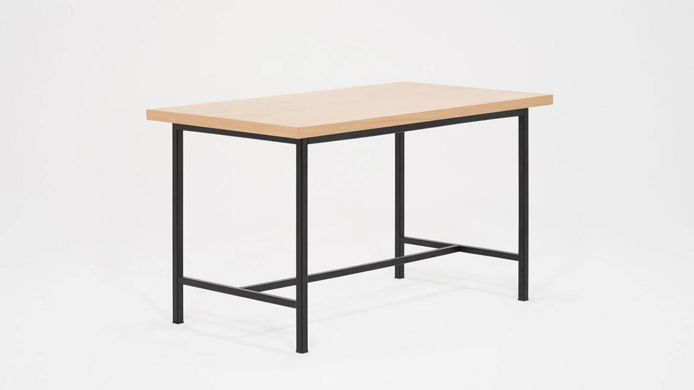 Angled view of the Kendall 54" modern dining table with oak veneer top and black base