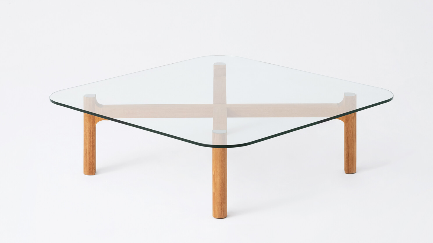 Front view of the Place modern square coffee table with clear glass top and oak legs