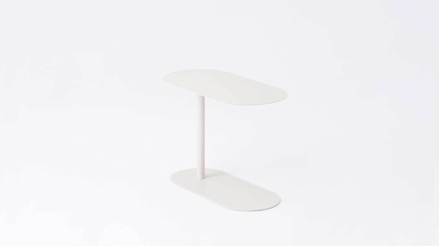 Angled view of the Finn adjustable floating side table in white