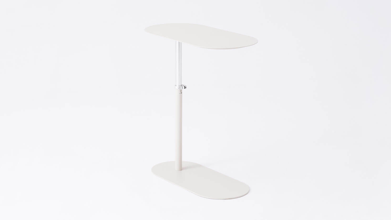 Angled view of the Finn adjustable floating side table, adjusted to tall, in white