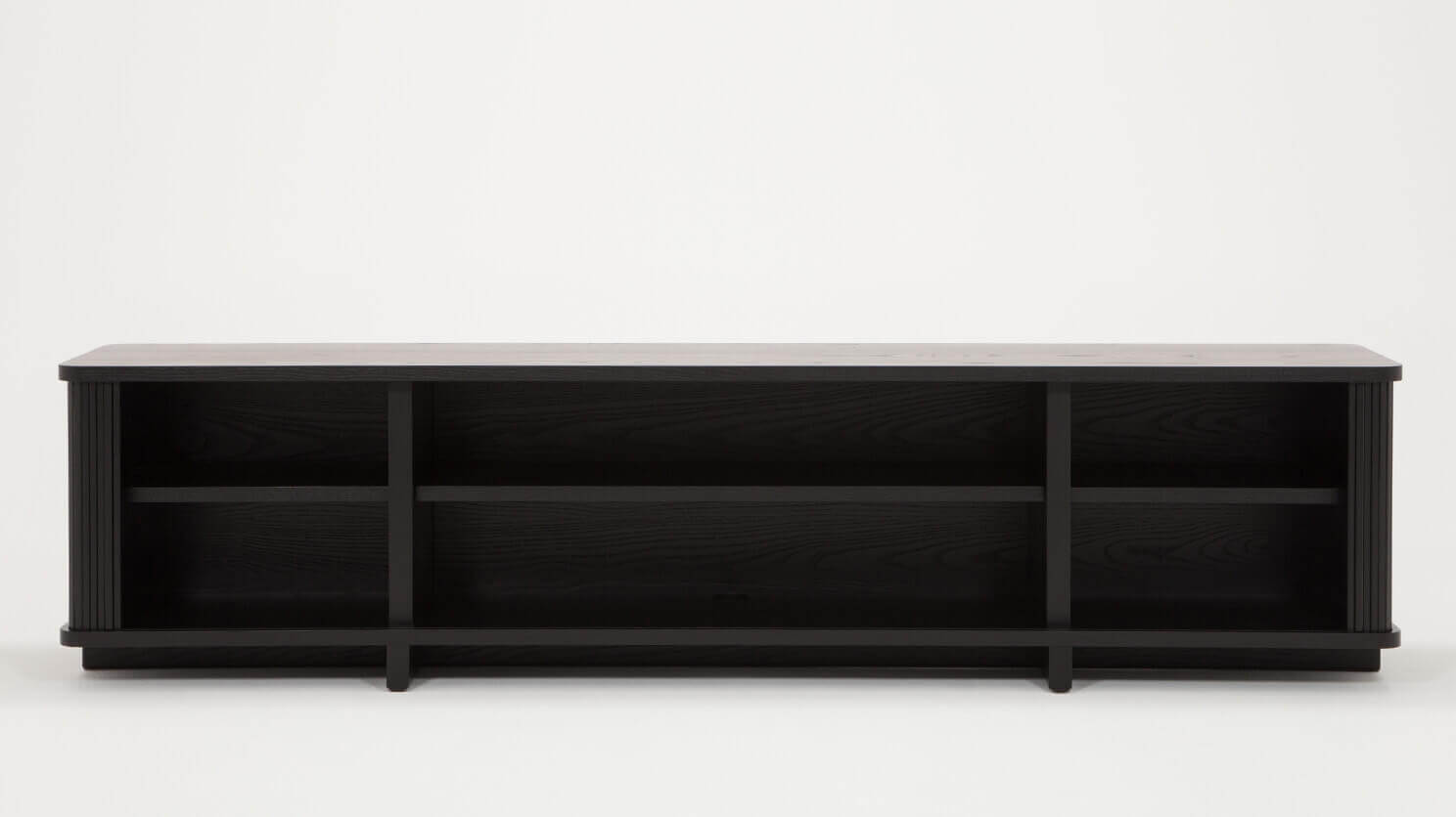 Front view of the Tambour mid century media console in black with fully open drawers