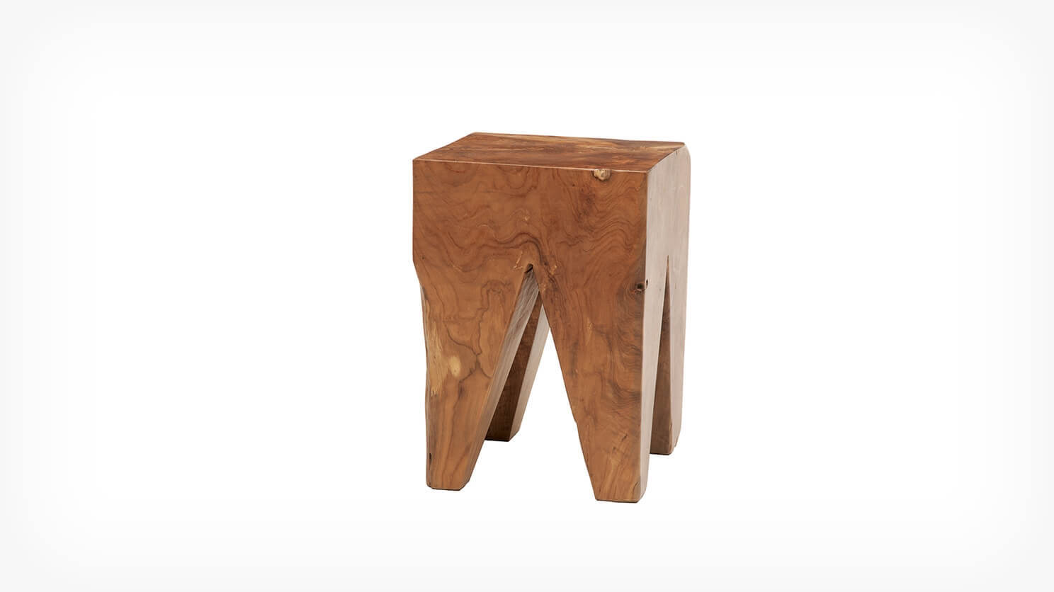 Angled view of the modern square solid teak stool