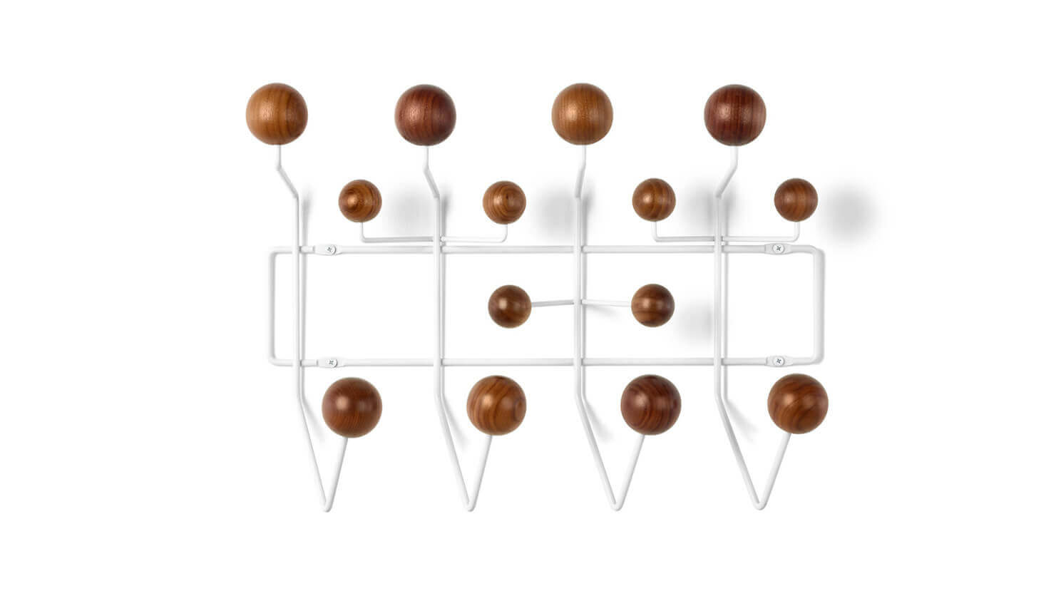 Front view of the eames hang it all rack in white with walnut hooks