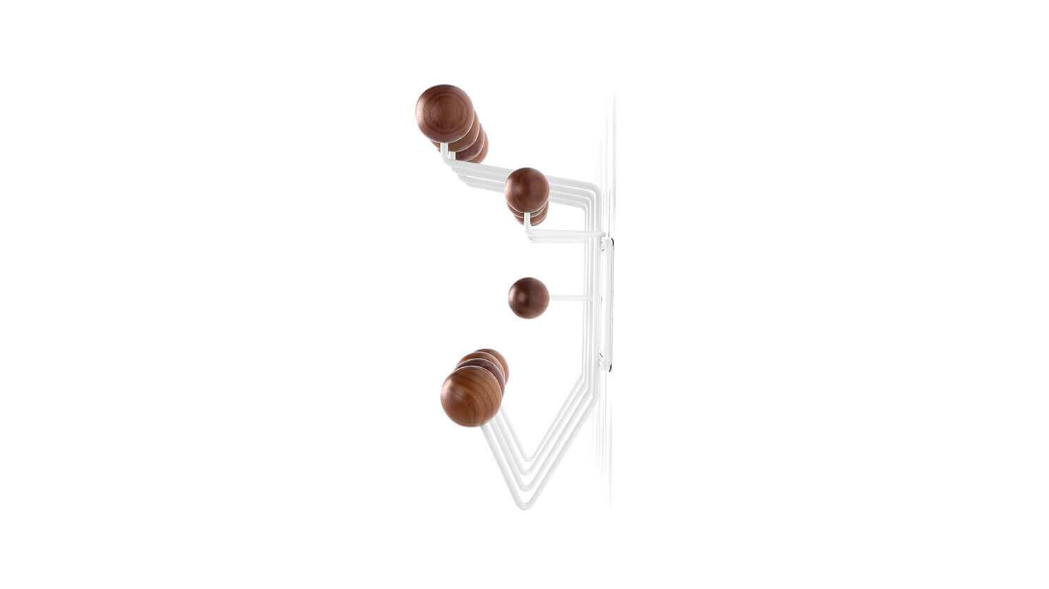 Side view of the eames hang it all rack in white with walnut hooks