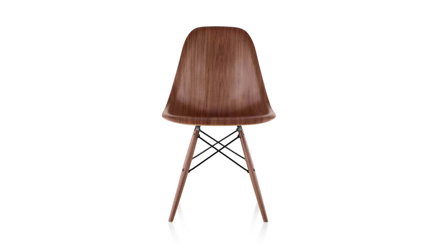 Front view of walnut seat and base Eames dining chair