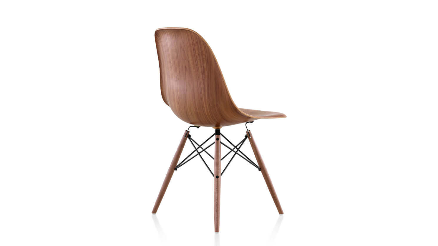 Back view of walnut seat and base Eames dining chair