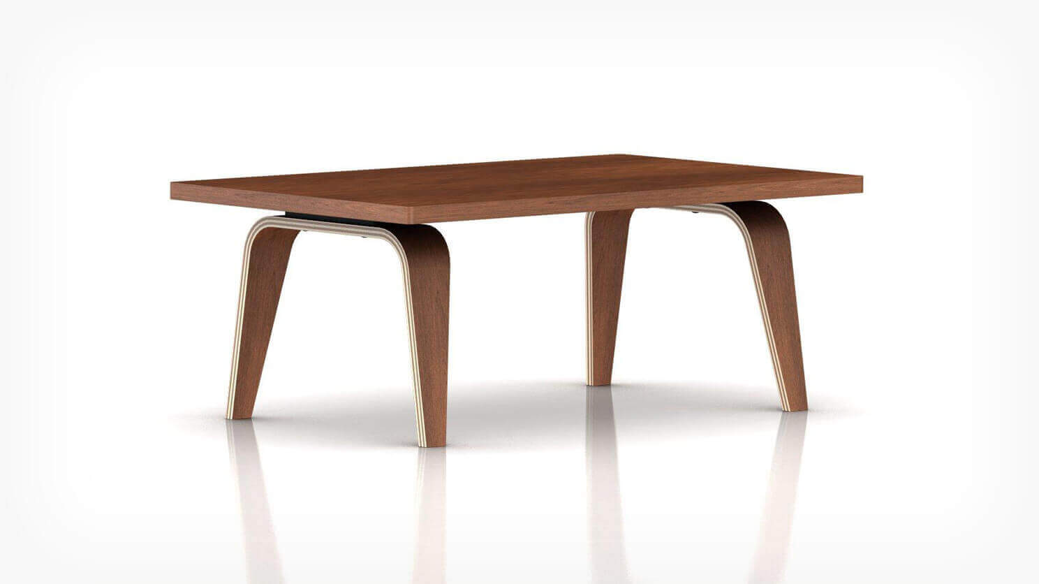 Angle view of Eames rectangular coffee table in walnut