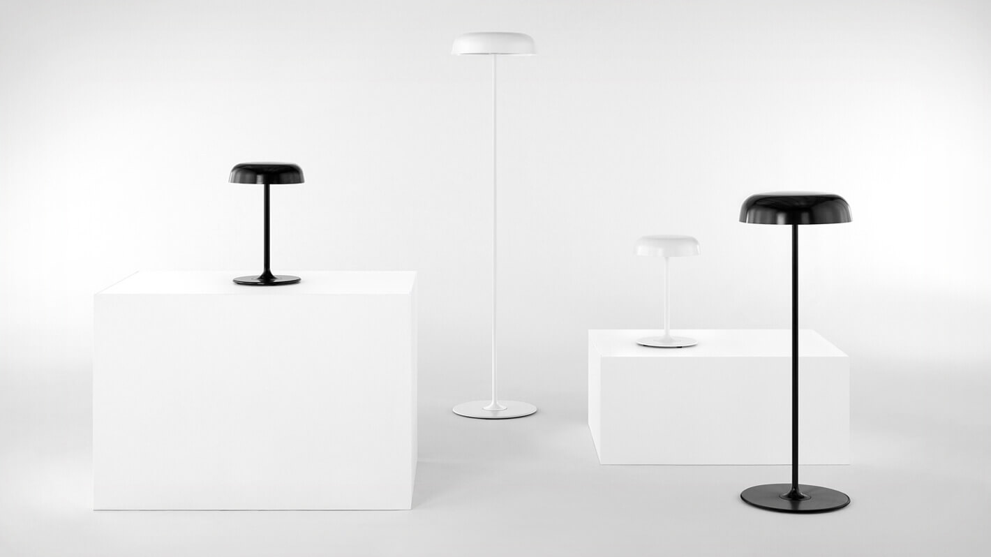 Group of 4 white and black Ode Freestanding Floor Lamps