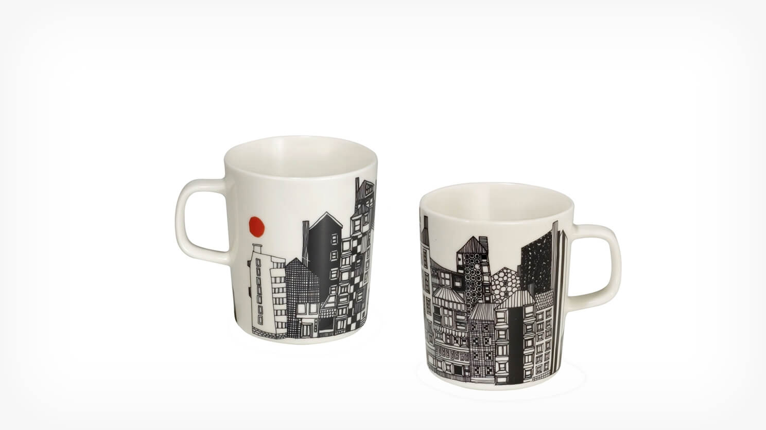 Two Marimekko coffee mugs with city scene graphic front view