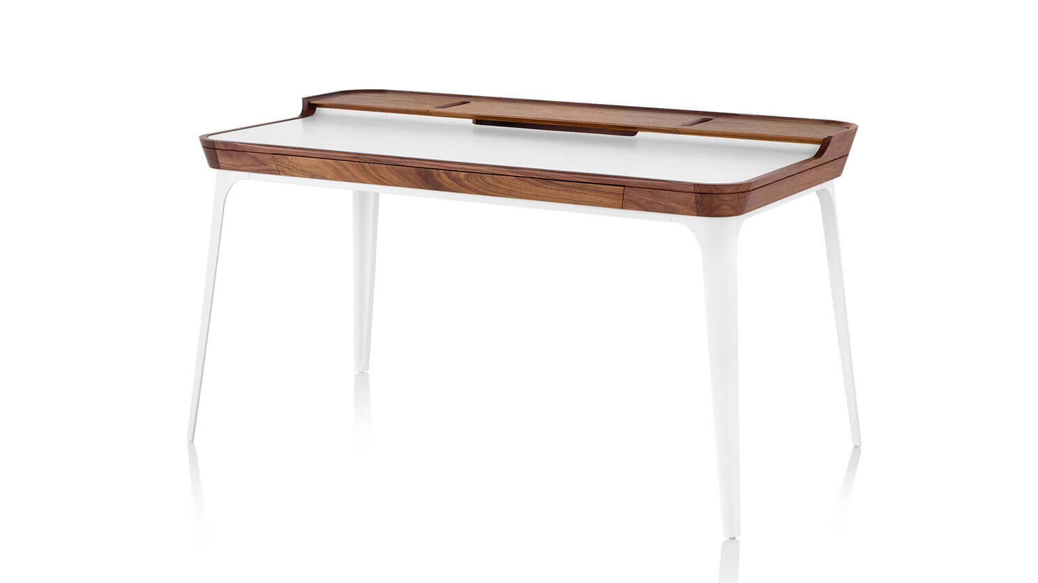 White and walnut Herman Miller desk front angle view