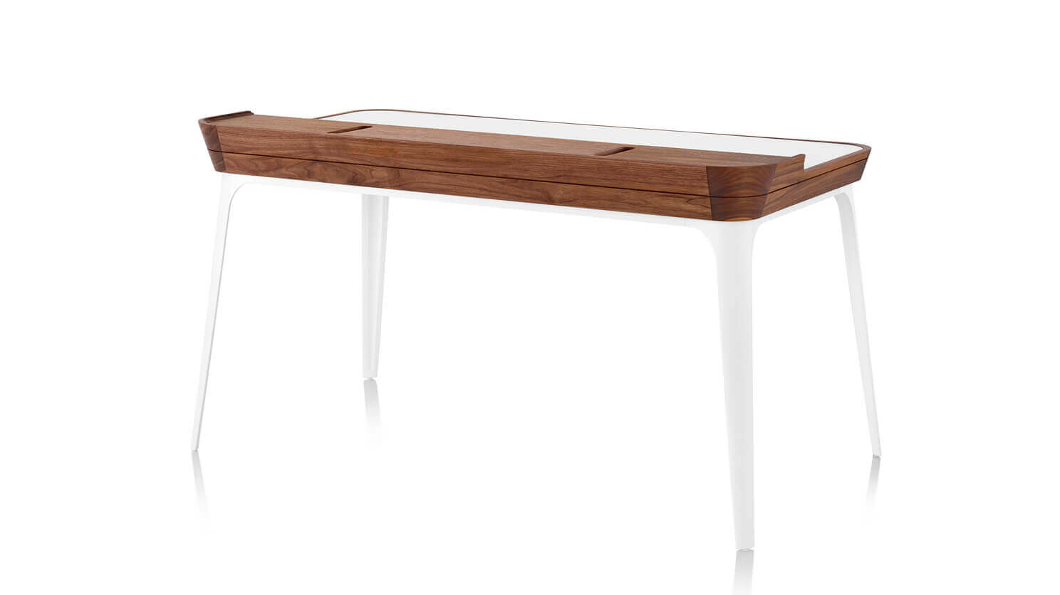 White and walnut Herman Miller desk back angle view