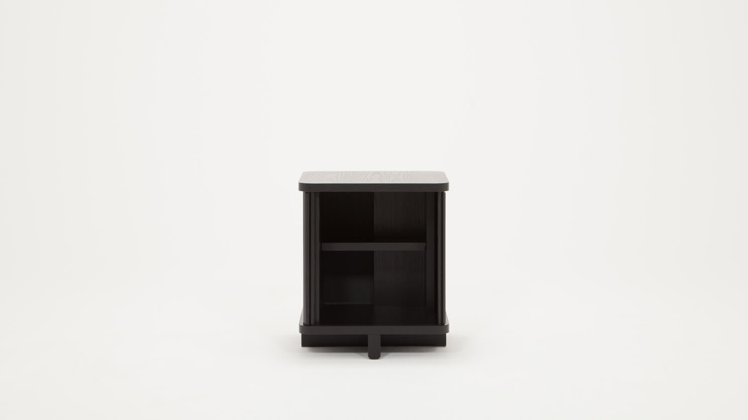 Front view of the Tambour modern end table in black with drawer open