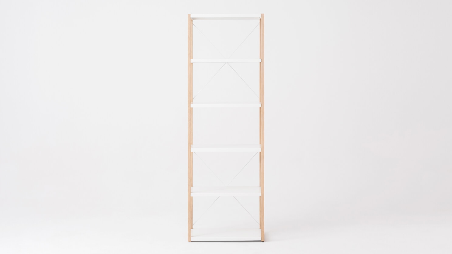 Front view of the tall square Grow minimalist bookcase in oak and white