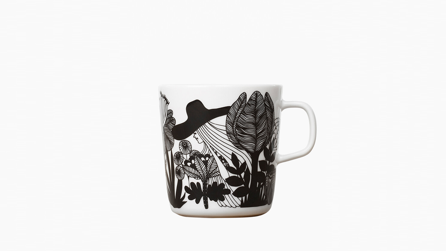 Front view of black and white floral pattern Marimekko mug