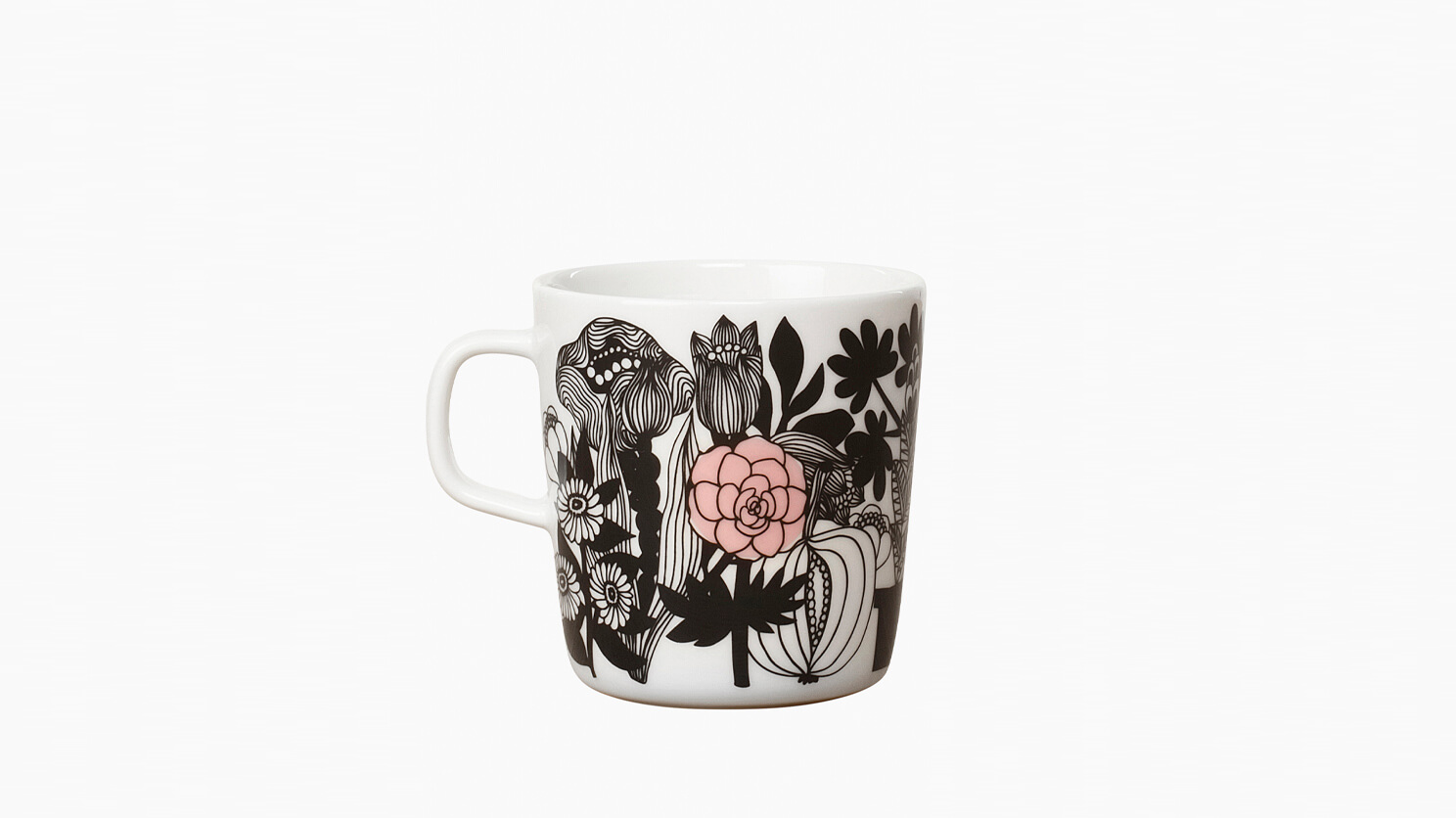 Black, white and pink floral pattern Marimekko mug front view