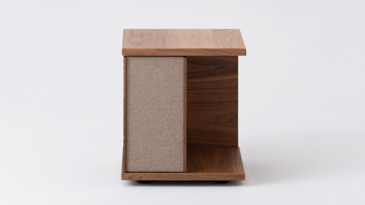 Front left view of the Plank accent table canada in walnut with fabric panels