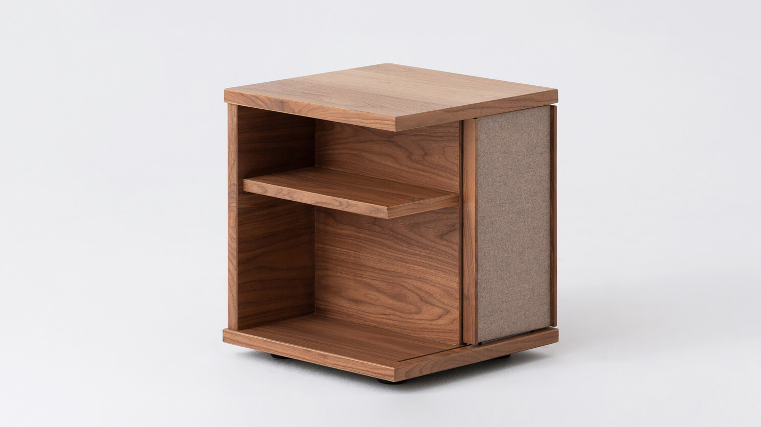 Angled right view of the Plank accent table canada in walnut with fabric panels