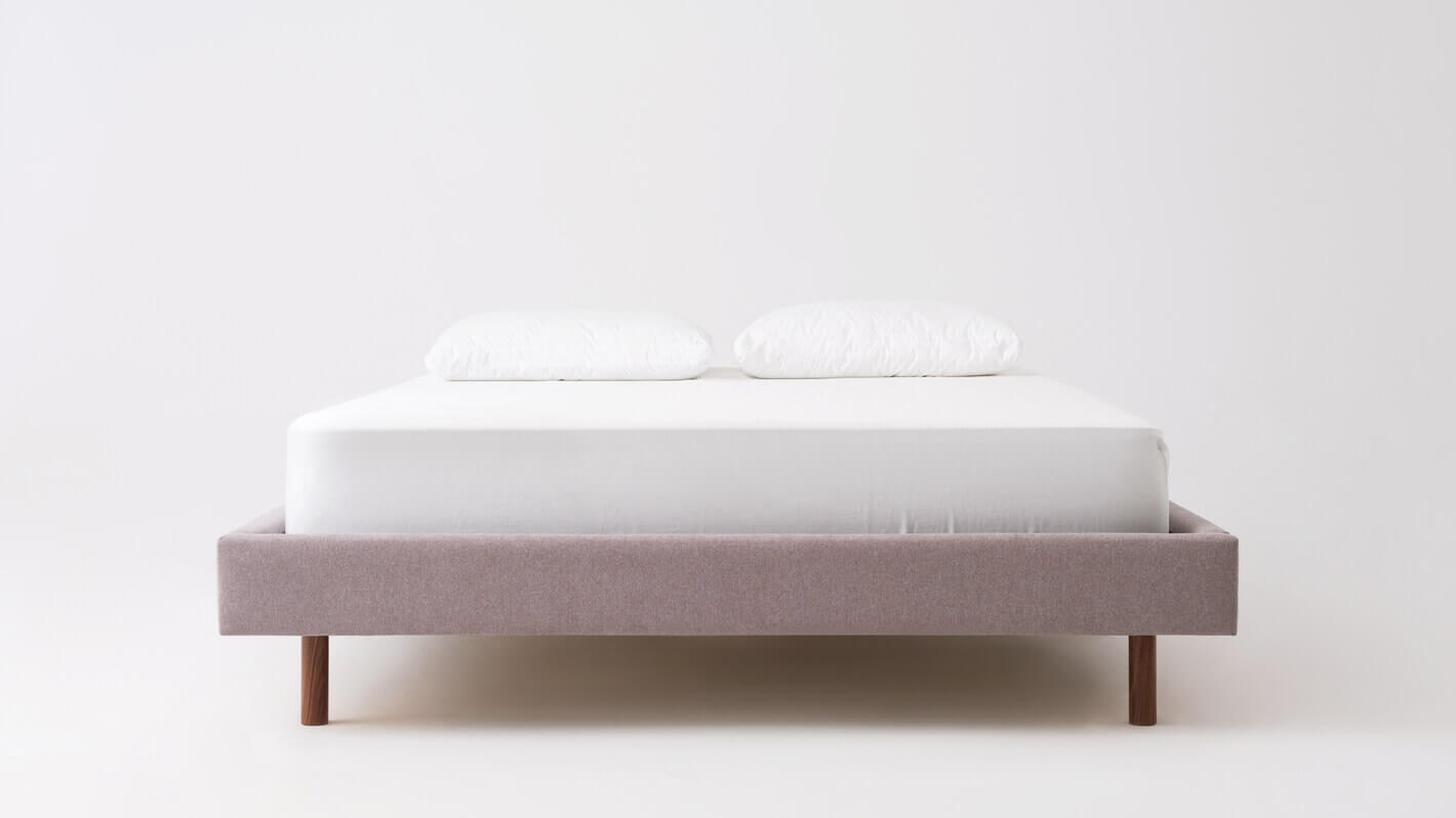 Front view of modern floating platform bed, Bento, upholstered in grey fabric