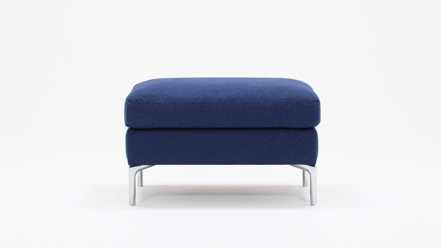 Front view of the Eve mid century ottoman in blue fabric