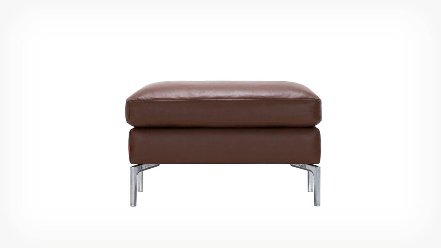 Front view of the Eve mid century ottoman in brown leather