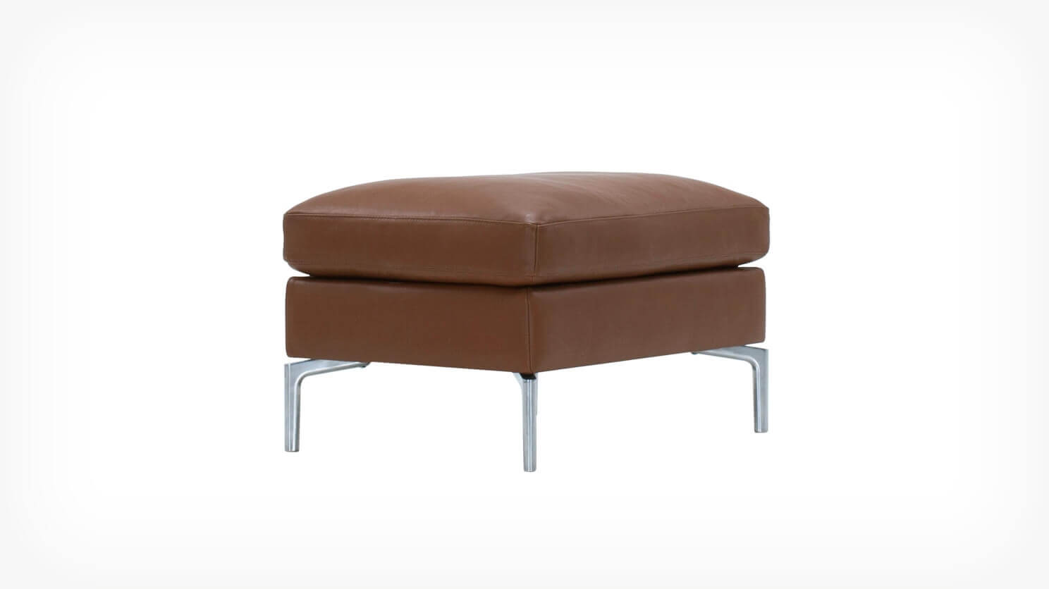 Angled view of the Eve mid century ottoman in brown leather