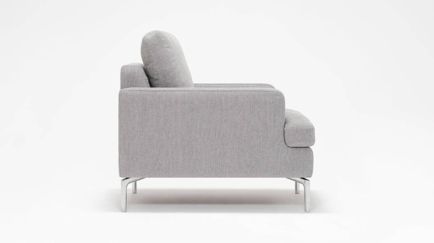 Side view of the Eve modern accent chair in grey fabric