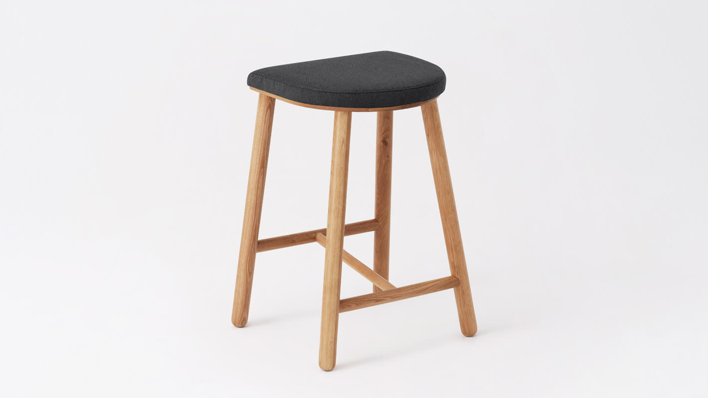 Back angled view of the Lima custom counter stool with black seat and oak base