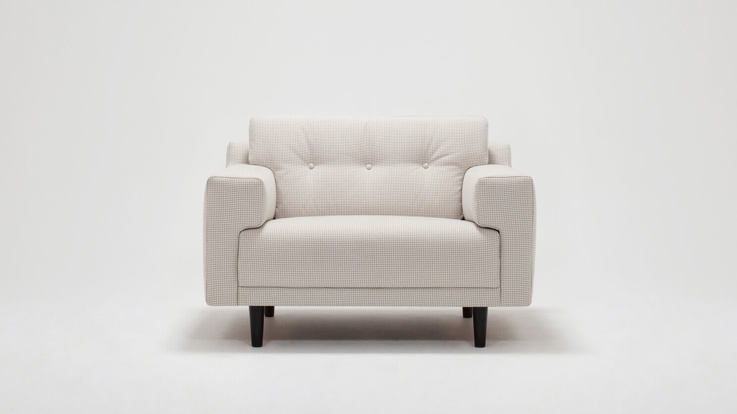 Front view of the Remi mid century modern lounge chair with buttons in white fabric