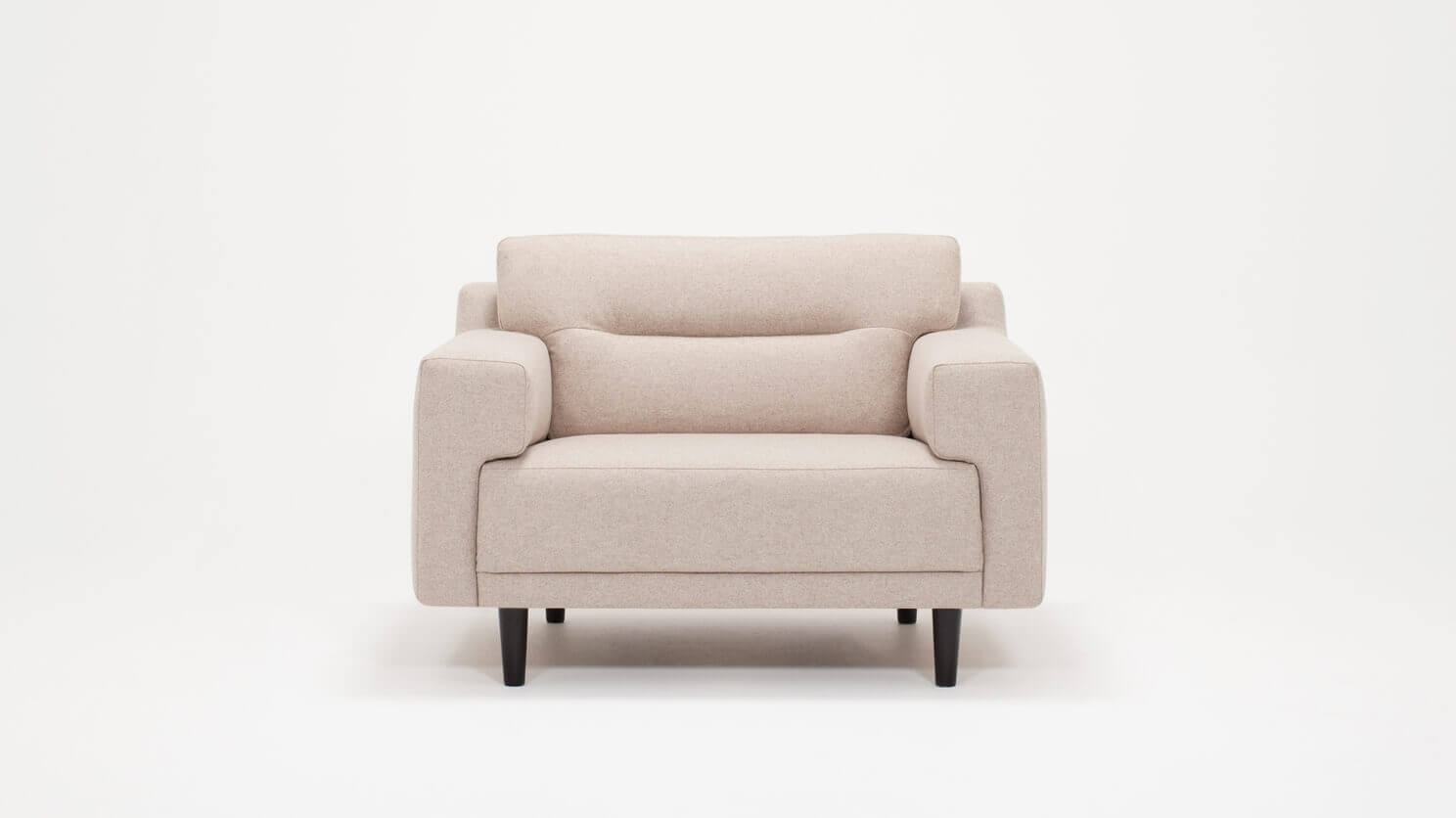 Front view of the Remi mid century modern lounge chair with horizontal pull in beige fabric