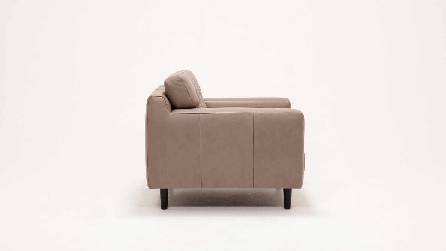 Side view of the Remi mid century modern lounge chair with horizontal pull in grey leather