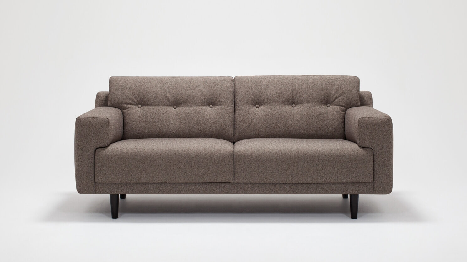 Front view of the Remi modern loveseat with buttons in grey fabric