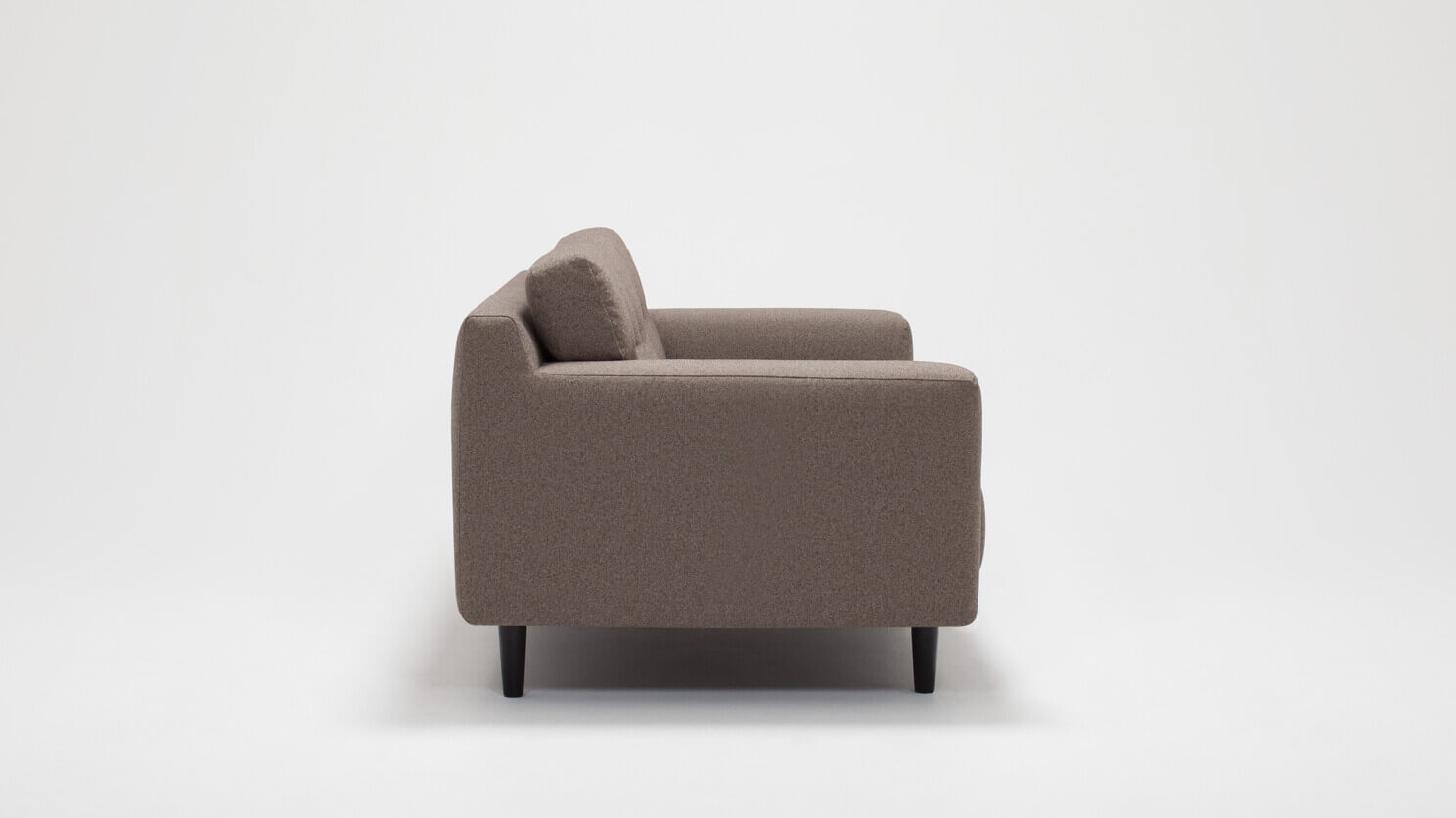 Side view of the Remi modern loveseat with buttons in grey fabric