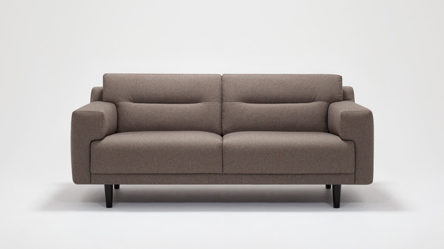 Front view of the Remi modern loveseat with horizontal pull in grey fabric