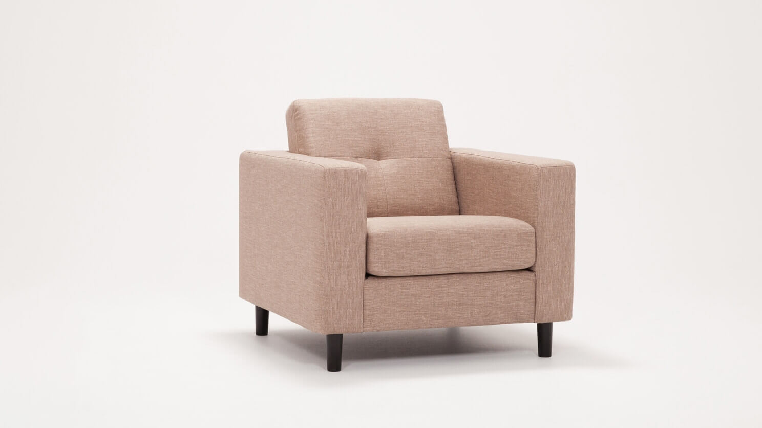 Angled view of the Solo modern armchair in beige fabric
