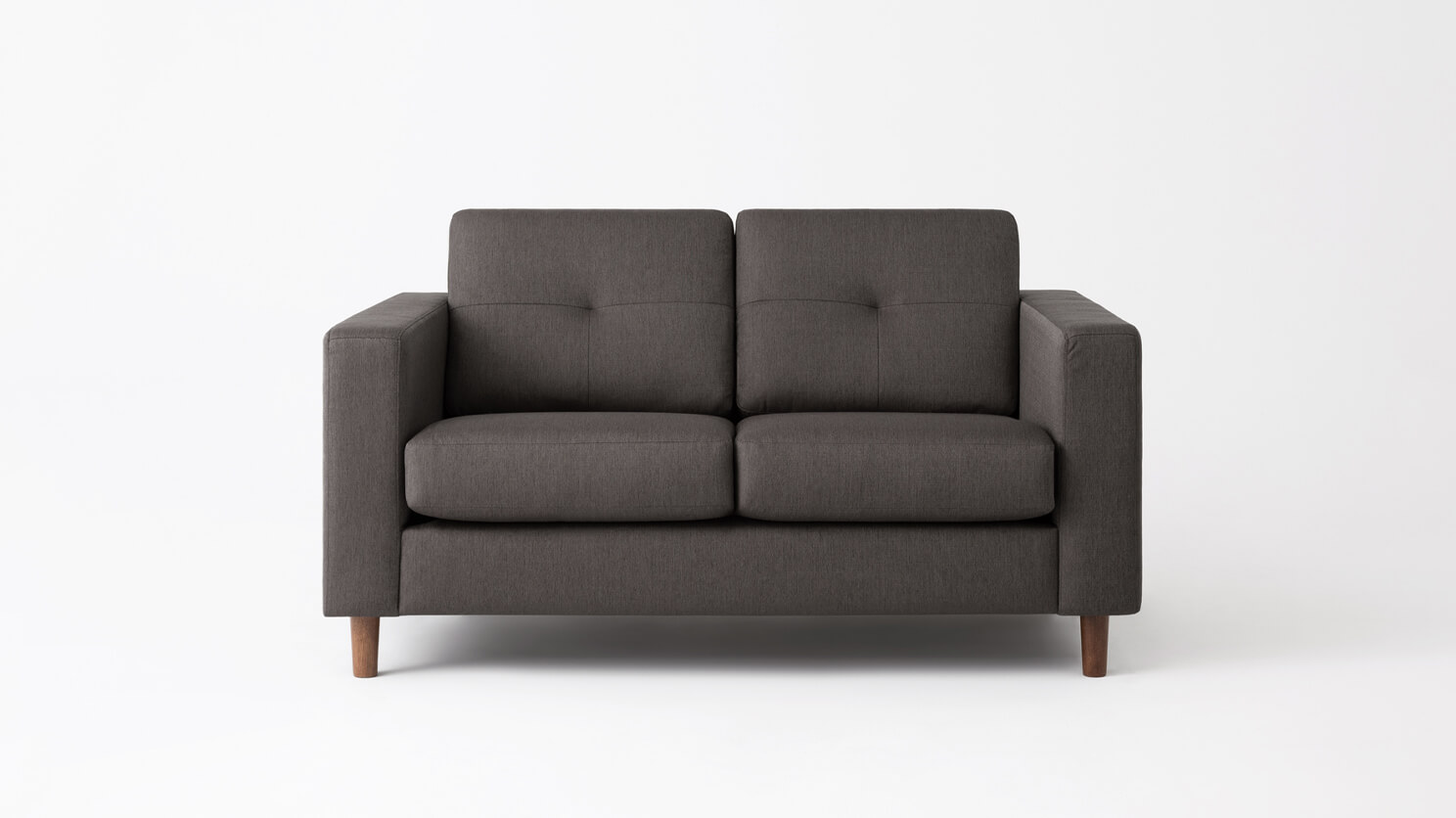 Front view of the Solo mid century modern loveseat in grey fabric