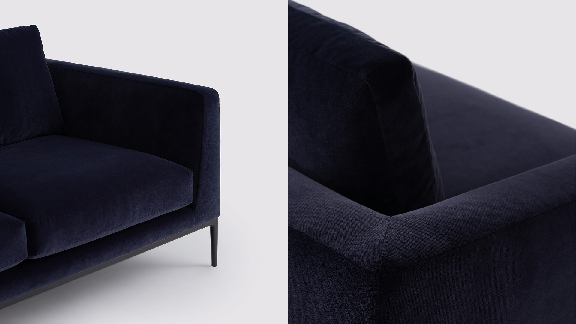 Detail view of the Oma modern sofa in dark blue velvet