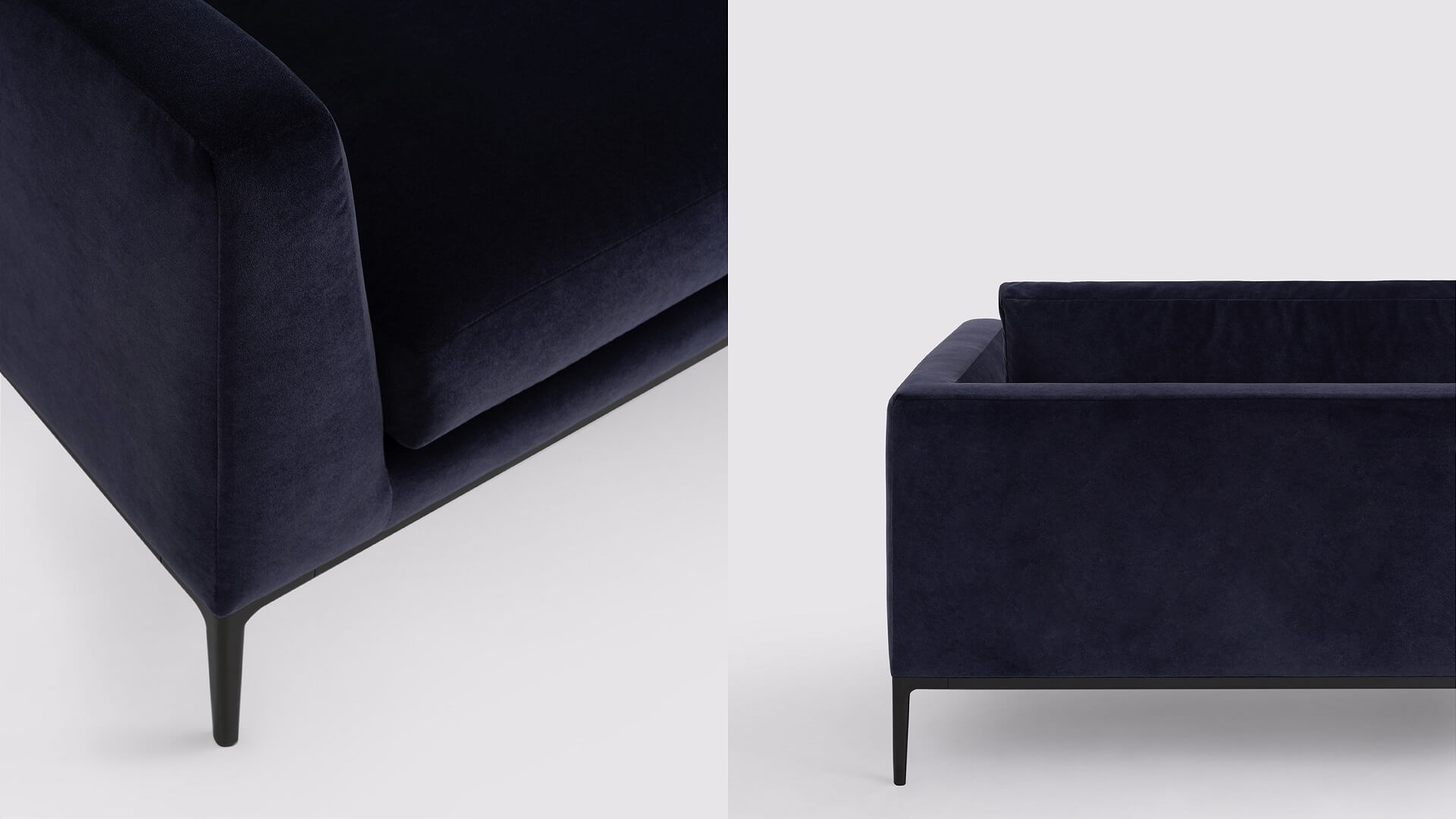 Detailed view of the Oma modern sectional couch in blue velvet